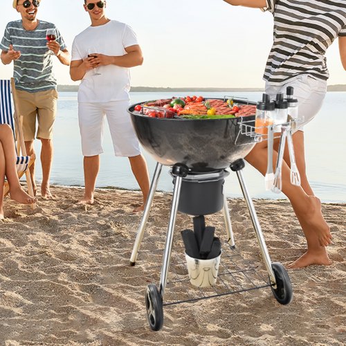 VEVOR 22" Kettle Charcoal Grill, Premium Kettle Grill with Wheels Grate and Cover, Porcelain-Enameled Lid and Firebowl with Slide Out Ash Catcher Thermometer for BBQ, Camping, Picnic, Patio and Backyard