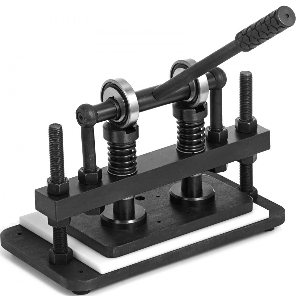 VEVOR leather cutting machine with sturdy metal frame and handle mechanism.