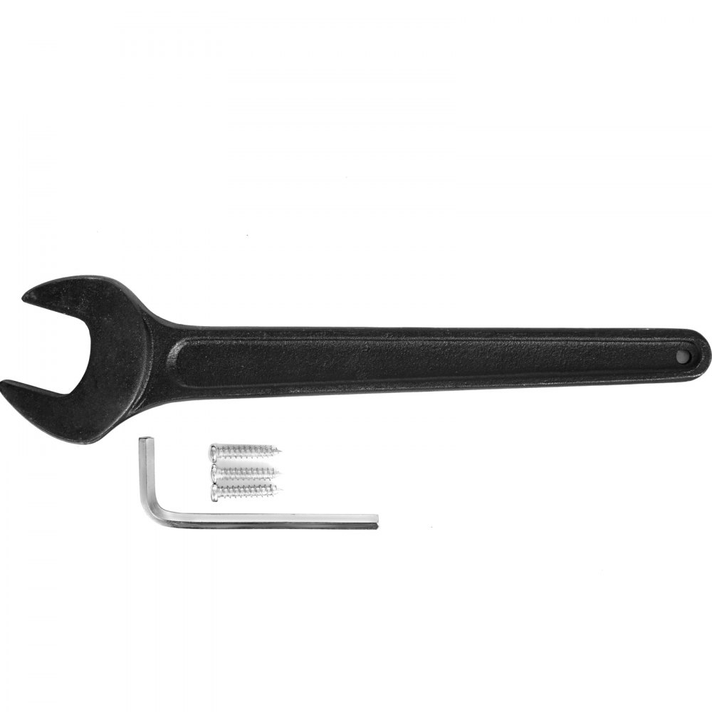 black open-end wrench, hex key, and screws for VEVOR leather cutting machine setup.
