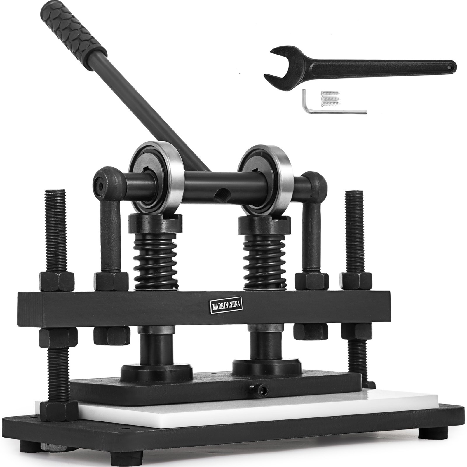 VEVOR leather cutting machine with wrench and hex key on white background