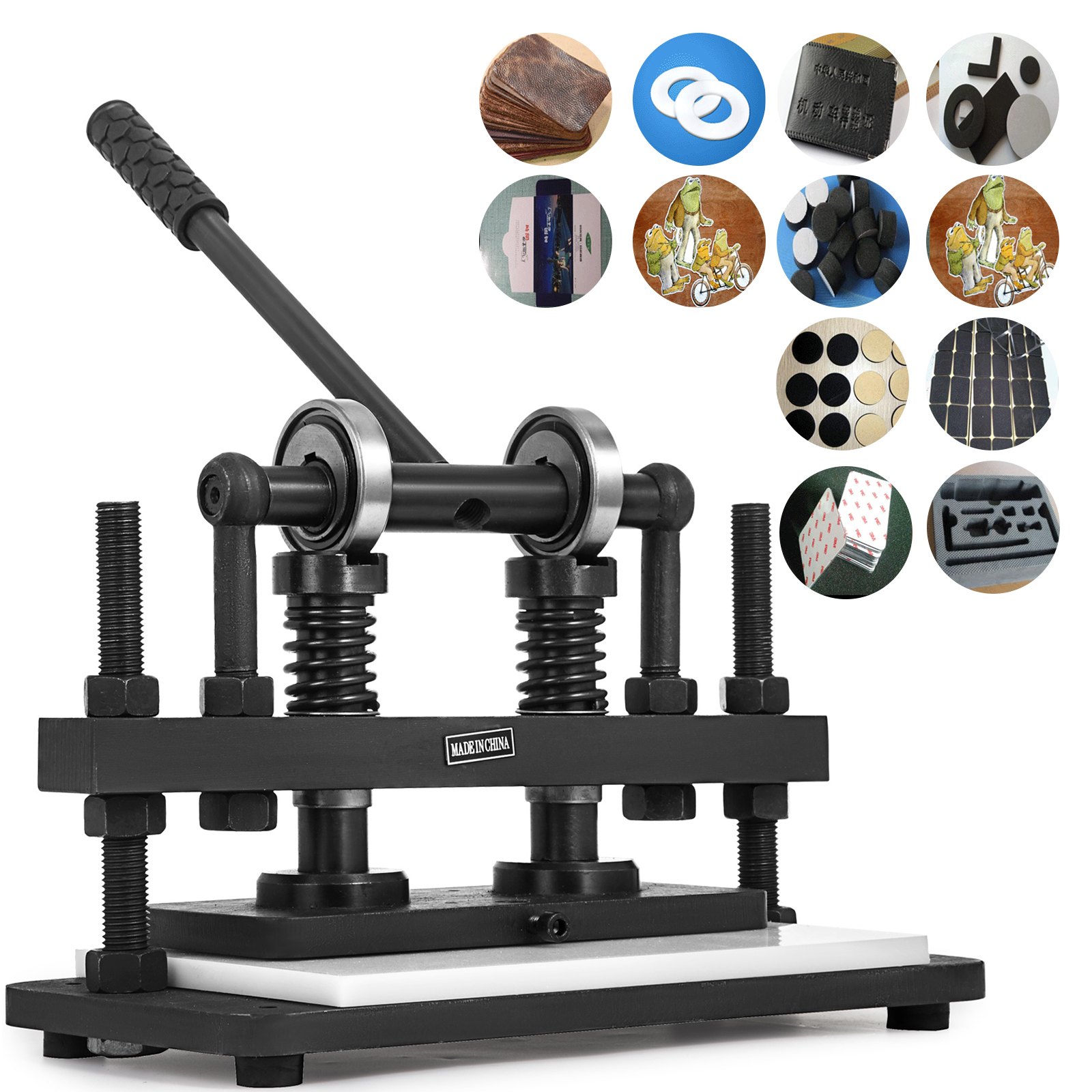 VEVOR leather cutting machine with various cutting samples in background.