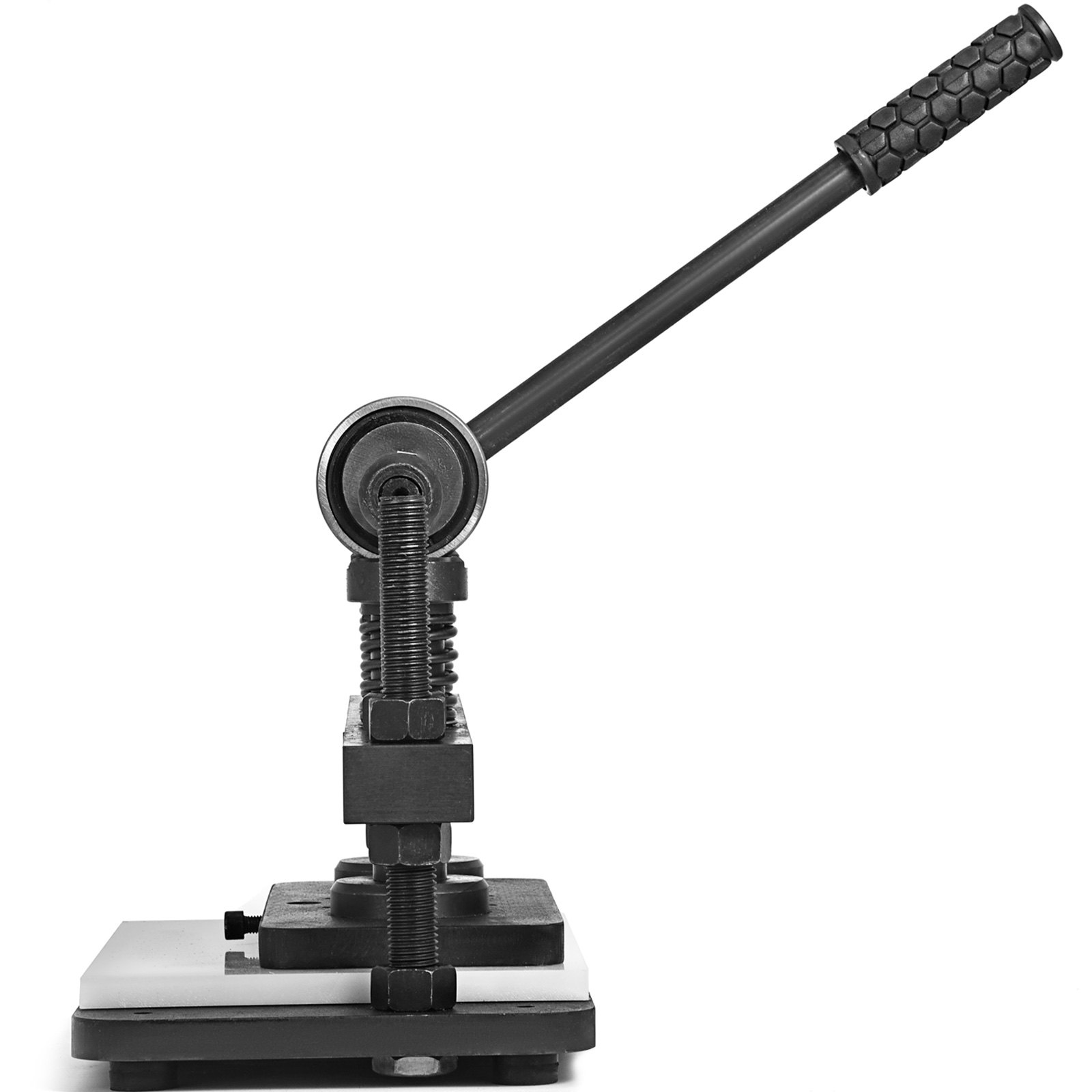 leather cutting machine with handle and screw mechanism.