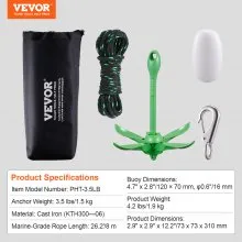 Kit de anclaje para kayak VEVOR, kit de anclaje para tabla de remo de 3,5 lb con cuerda de 26,2 pies/8 m y boya, ancla plegable para botes pequeños con bolsa de almacenamiento y gancho a presión, accesorios para kayaks, botes pequeños y canoas