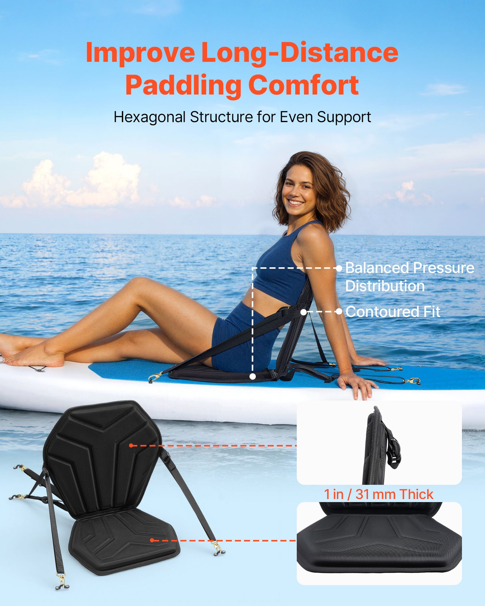 VEVOR Kayak Seat, 1 Pack 31 mm Thick, Universal Paddle Board Seat with Back Support, Hexagonal Sit-on-Top Soft Padded Cushion with Storage Bag & Adjustable Straps for SUP, Fishing/Inflatable Kayak