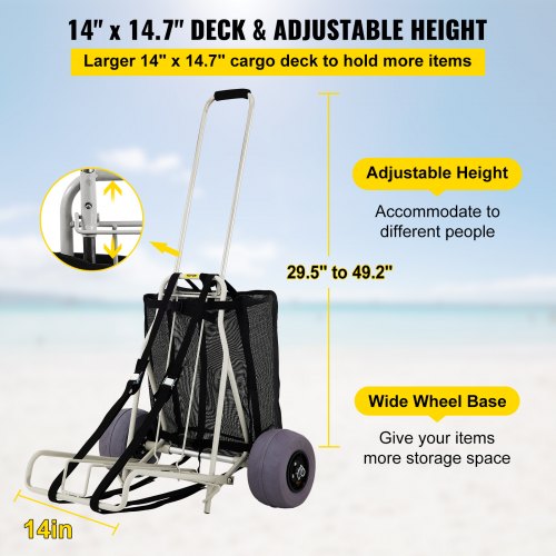 VEVOR Beach Carts for The Sand, w/ 10" PVC Balloon Wheels, 14" x 14.7" Cargo Deck, 165LBS Loading Folding Sand Cart & 29.5" to 49.2" Adjustable Height, Heavy Duty Cart for Picnic, Fishing, Beach