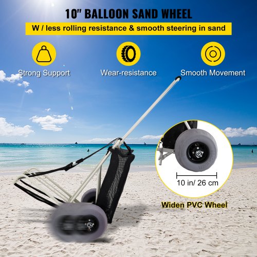 VEVOR Beach Carts for The Sand, w/ 10" PVC Balloon Wheels, 14" x 14.7" Cargo Deck, 165LBS Loading Folding Sand Cart & 29.5" to 49.2" Adjustable Height, Heavy Duty Cart for Picnic, Fishing, Beach