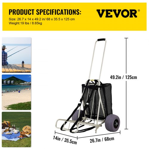 VEVOR Beach Carts for The Sand, w/ 10" PVC Balloon Wheels, 14" x 14.7" Cargo Deck, 165LBS Loading Folding Sand Cart & 29.5" to 49.2" Adjustable Height, Heavy Duty Cart for Picnic, Fishing, Beach
