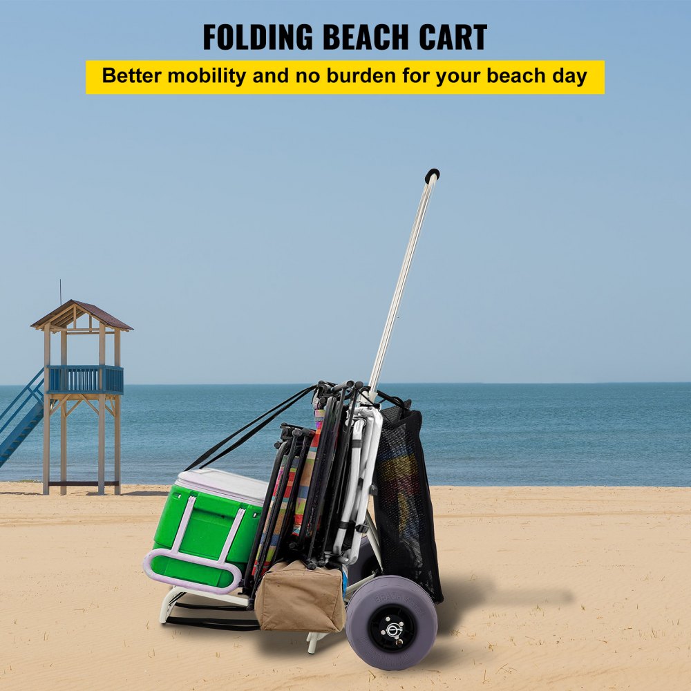 VEVOR Beach Carts for Sand Cargo Deck TPU Balloon Wheels 165lbs Loading Folding Sand Cart Adjustable Height - Silver