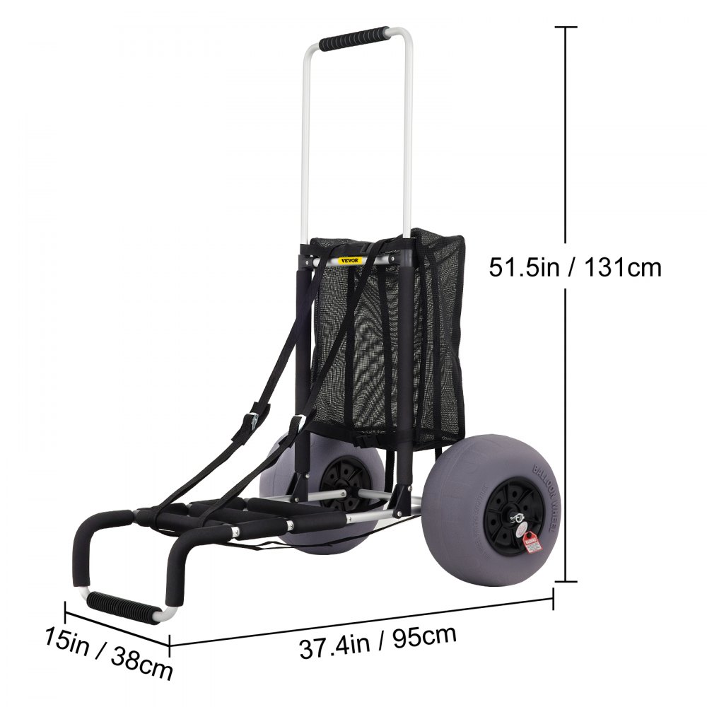 VEVOR beach cart with large gray wheels, black mesh bag, and dimensions 51.5in x 37.4in x 15in.