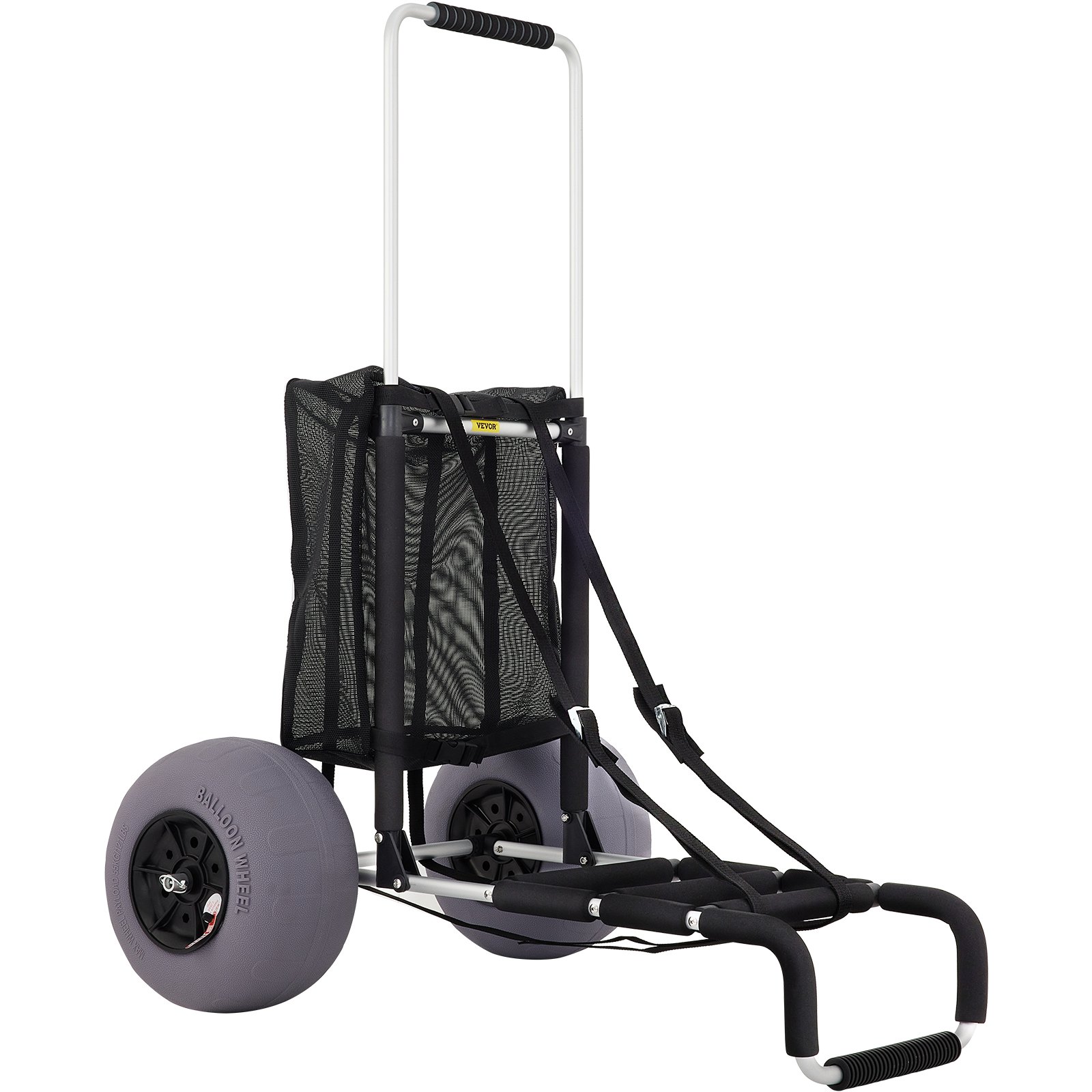 VEVOR beach cart with large balloon wheels, black frame, and mesh bag for easy beach transport.