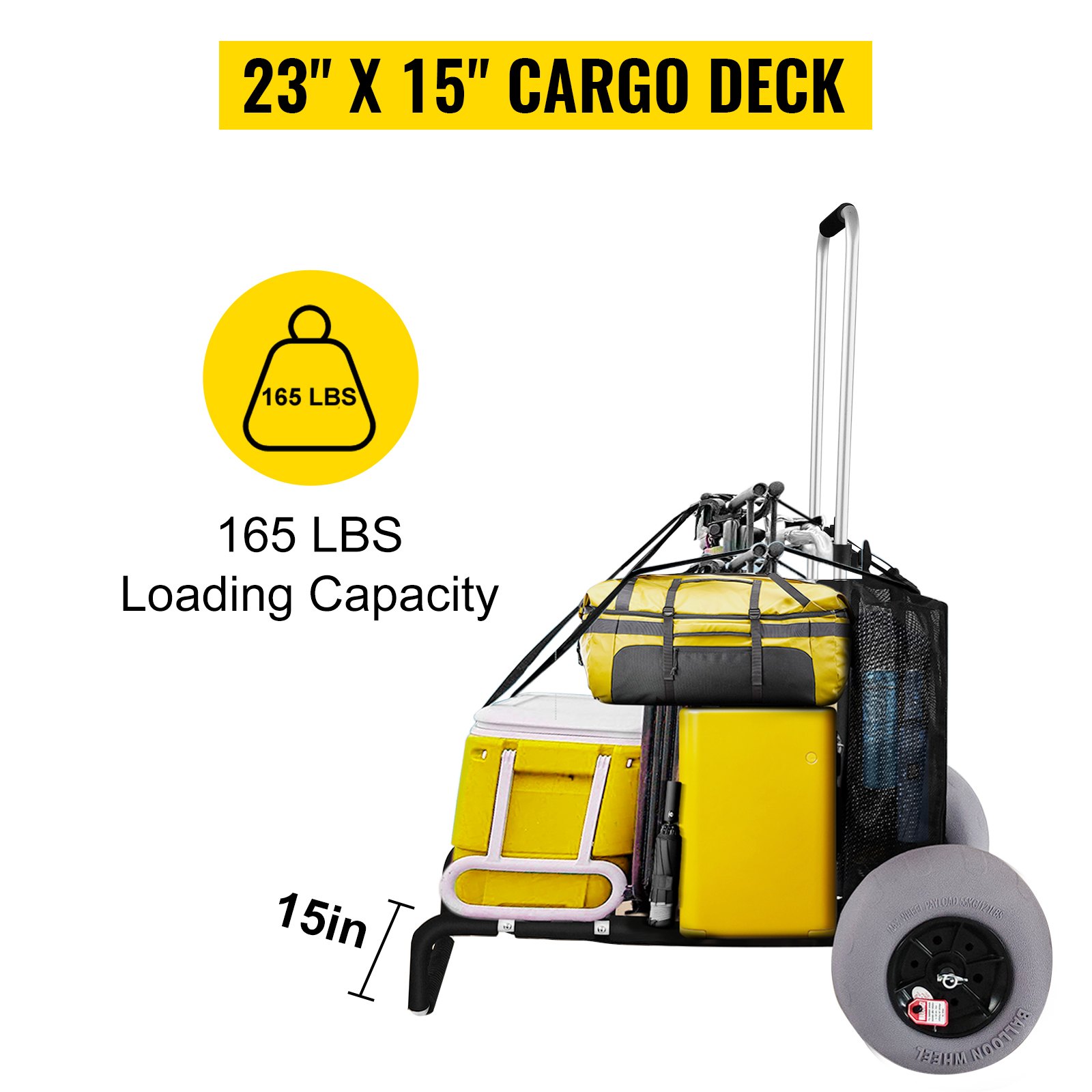 VEVOR beach cart with 23&quot; x 15&quot; cargo deck, 165 lbs capacity, and 15&quot; height, carrying beach gear.