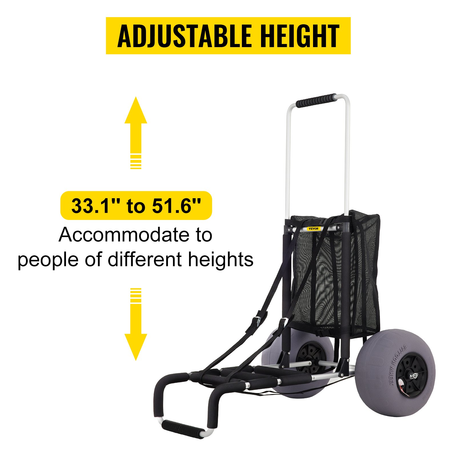 VEVOR adjustable height hand truck, extends from 33.1&quot; to 51.6”.