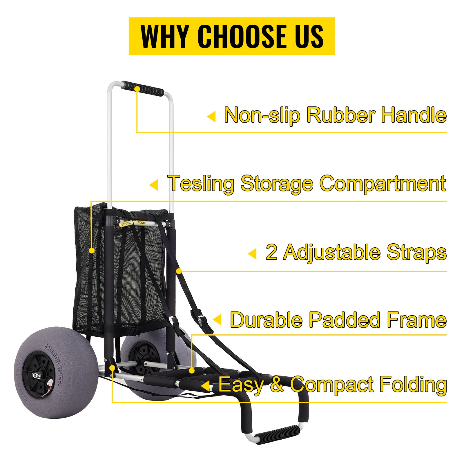 VEVOR beach cart with non-slip rubber handle, storage compartment, adjustable straps, and padded frame.