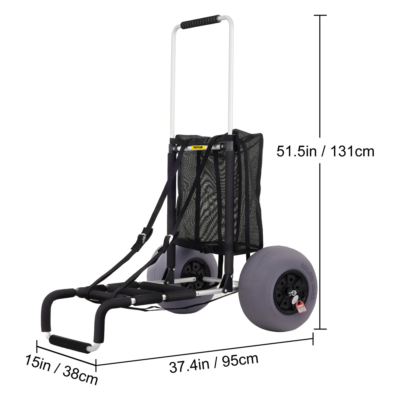 VEVOR beach cart with large gray wheels, black mesh bag, and dimensions 51.5in x 37.4in x 15in.