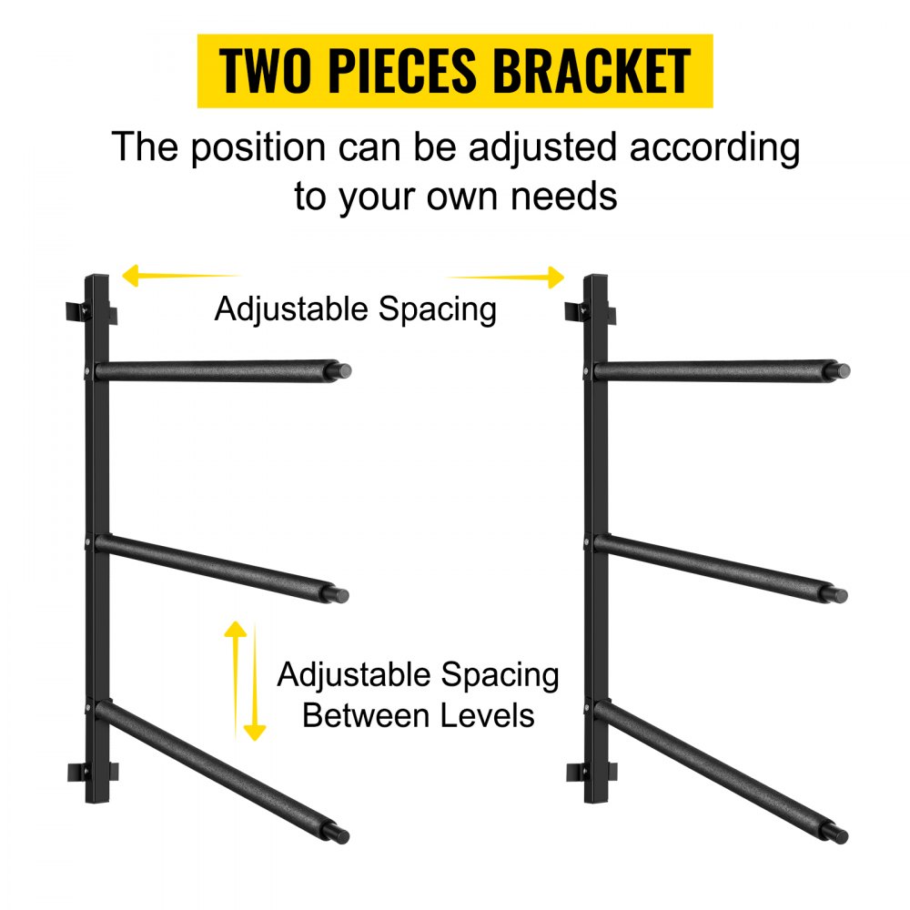 VEVOR Kayak Storage Kayak Wall Rack, Heavy-Duty Kayak Hooks, 300 LBS Load-Bearing Capacity Kayak Hanger for Indoor Use, 100 LBS Per Layer Paddle Board Rack, 3 Layers Kayak Storage Rack for 3 Canoes