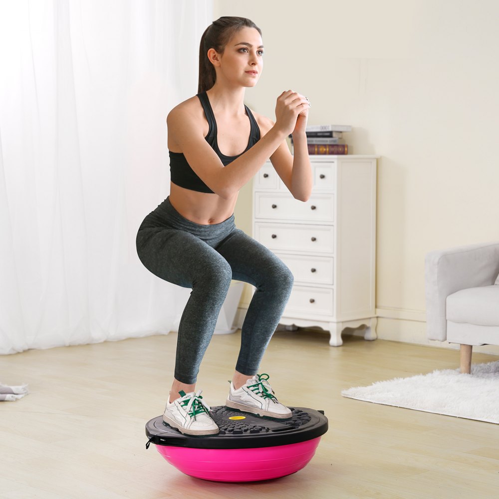 VEVOR Half Exercise Ball Trainer, 26 inch Balance Ball Trainer, 1500lbs Capacity Stability Ball, Yoga Ball with Resistance Bands & Foot Pump, Strength Fitness Ball for Home Gym Full Body Workout, Pink