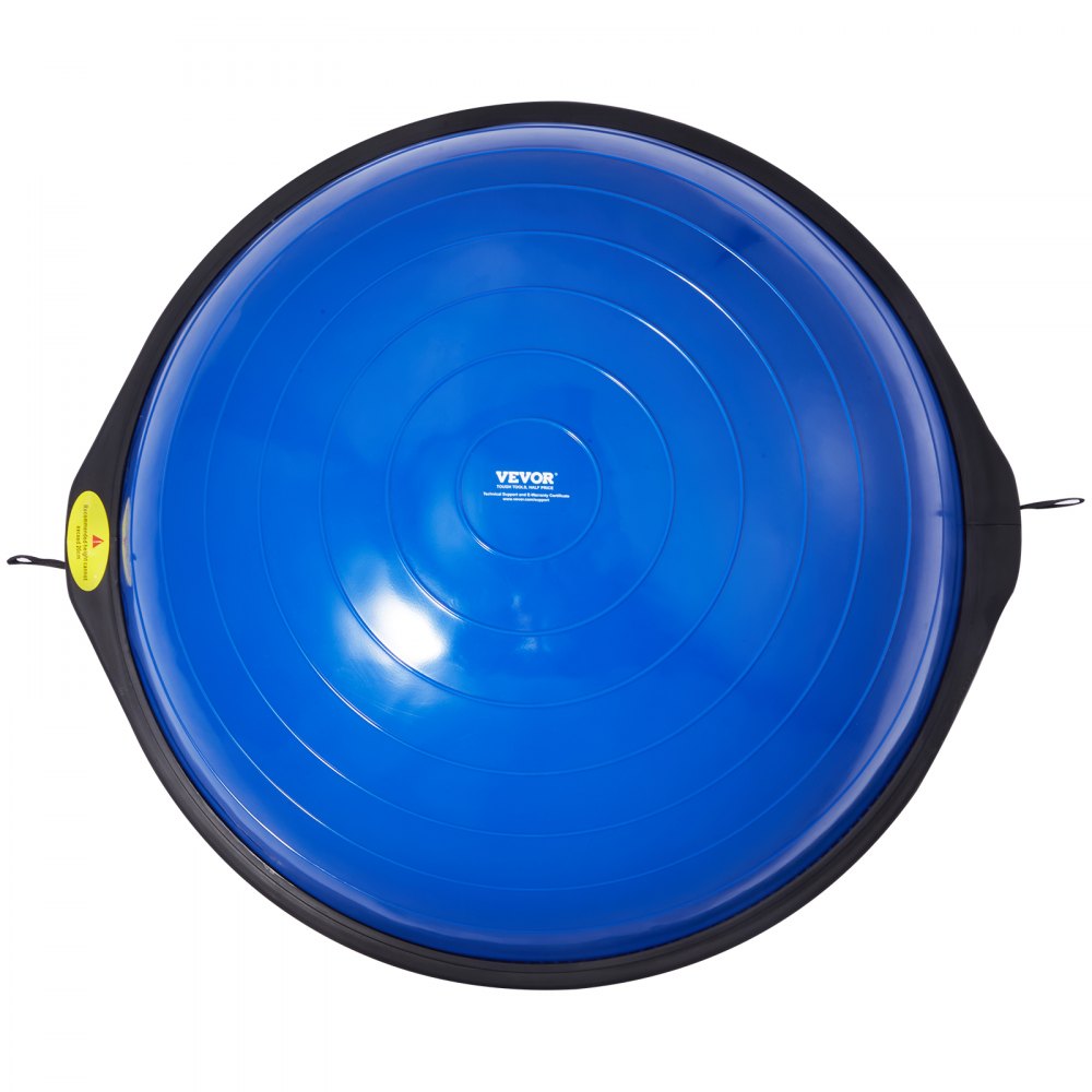blue VEVOR balance ball trainer with black base, side handles, and yellow warning label.
