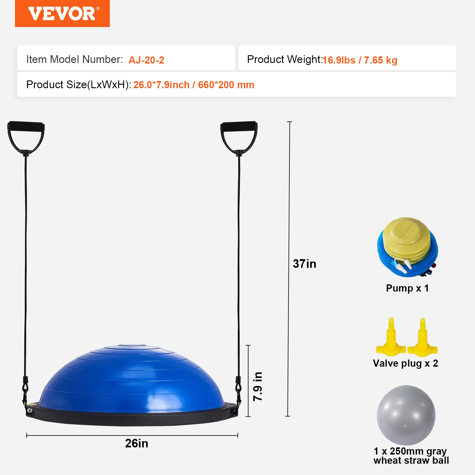 blue VEVOR balance ball trainer with handles, pump, valve plugs, gray wheat straw ball, model aj-20-2.