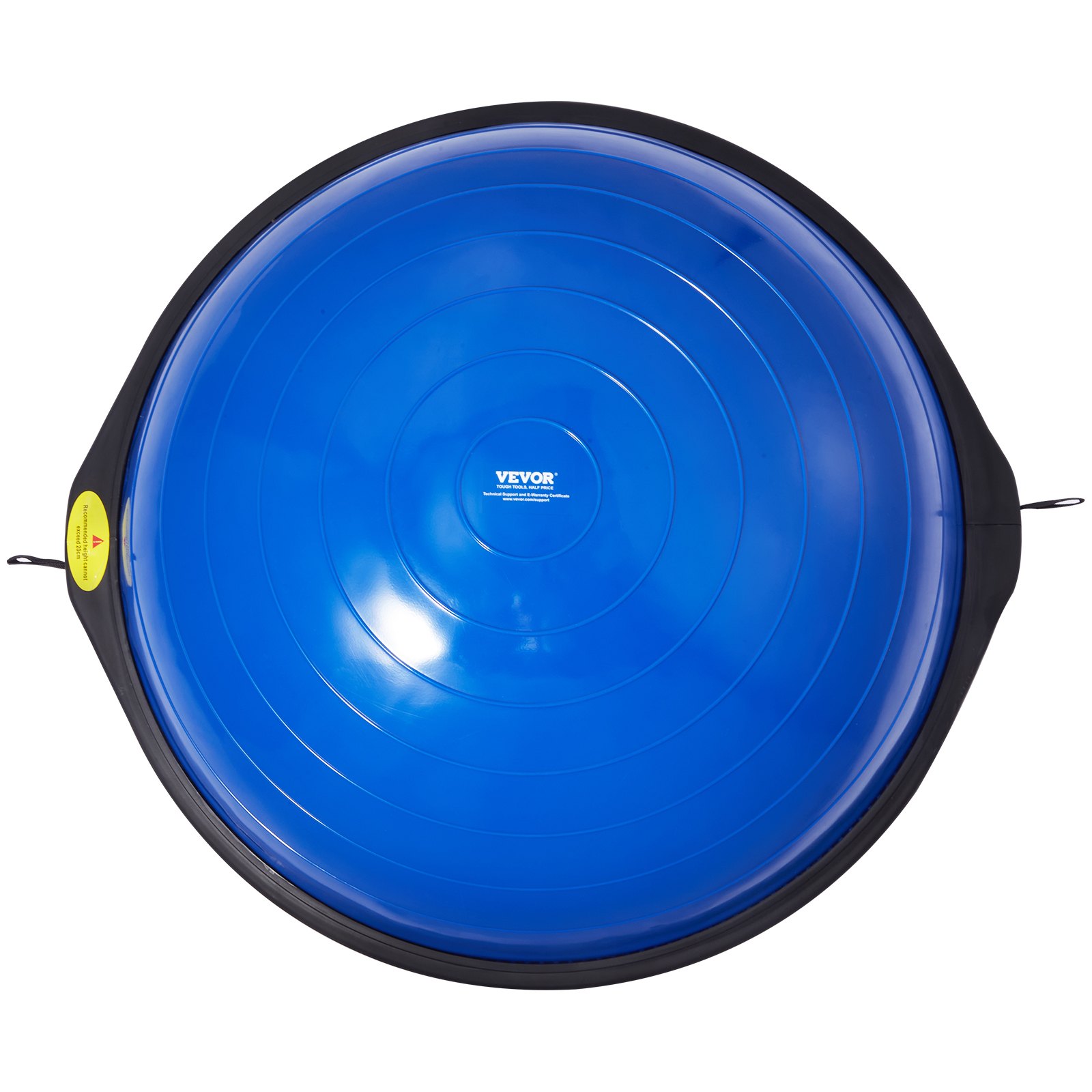 blue VEVOR balance ball trainer with black base, side handles, and yellow warning label.