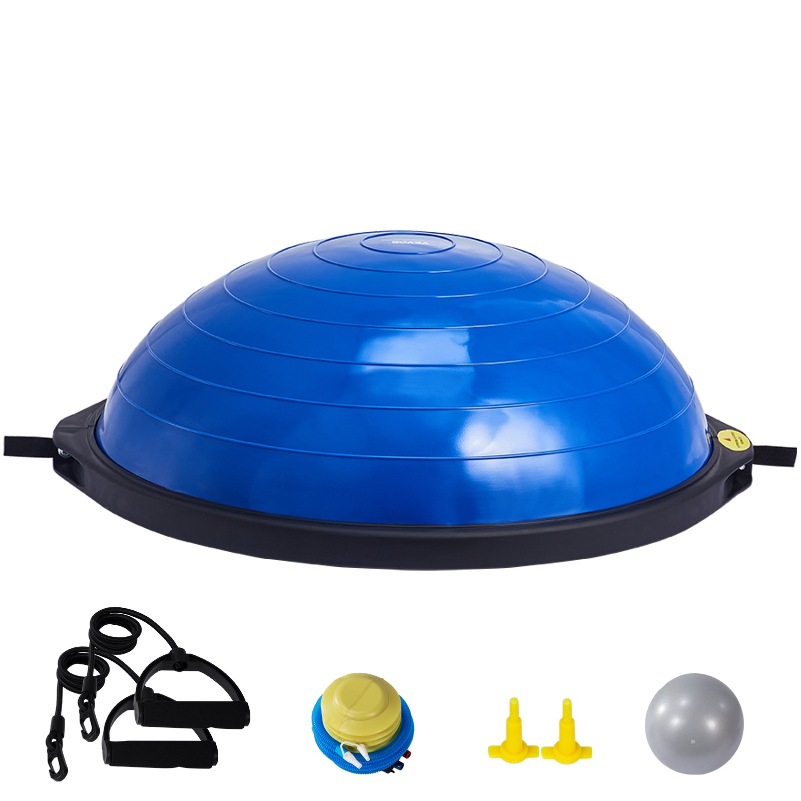 VEVOR balance ball trainer, blue, with accessories: resistance bands, pump, and additional plugs.