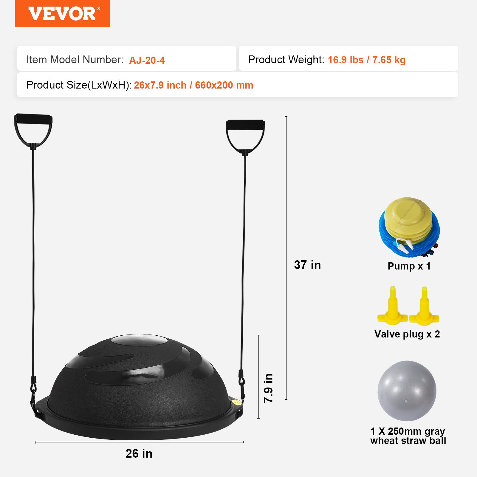 VEVOR balance ball trainer with attached resistance bands, pump, valve plugs, and a gray straw ball.