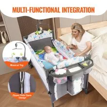 VEVOR Baby Bassinet, 12-Level Height Adjustable Easy to Fold Portable Baby Bassinet Bedside Sleeper with Storage Basket & Wheels, Baby Cradle Bedside Crib with Mosquito Net for Infant Newborn Girl Boy