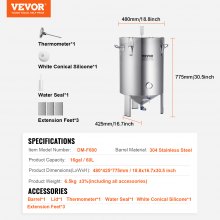 VEVOR 304 Stainless Steel Kettle, 16 GALLON Beer Brew Fermentor, Brew Bucket Fermentor for Brewing, Home Brewing Supplies with Base, Kettle Stock Pot Includes Lid, Handle, Valve, Spigot, Thermometer