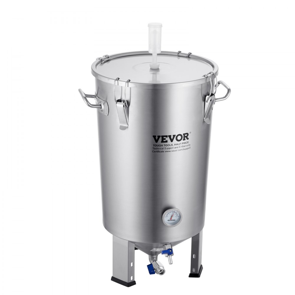 VEVOR 8 gallon beer brew kettle with thermometer and spout, stainless steel construction.