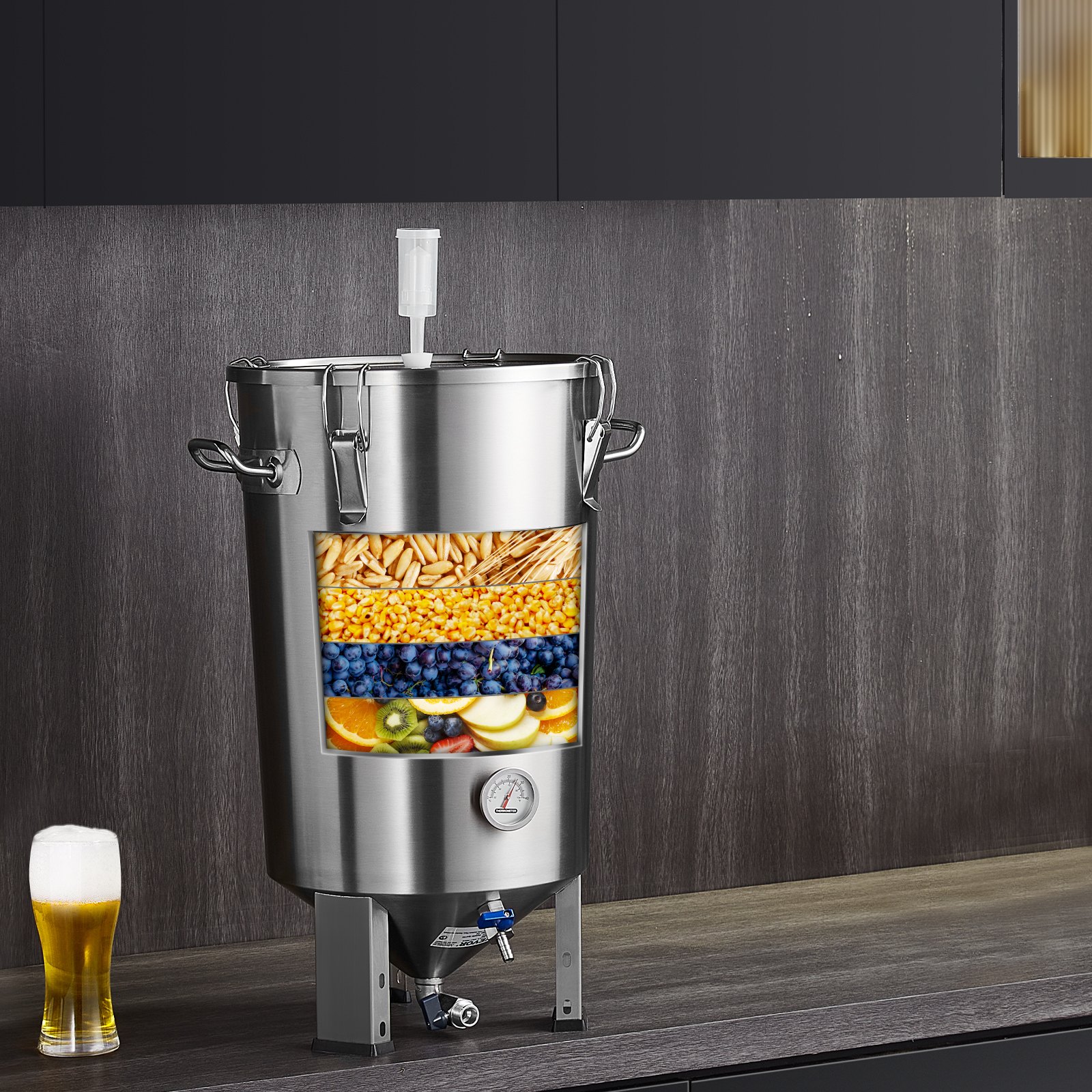 VEVOR 8 gallon beer brew kettle with front view of grains, corn, berries, and fruit, beside a glass of beer.
