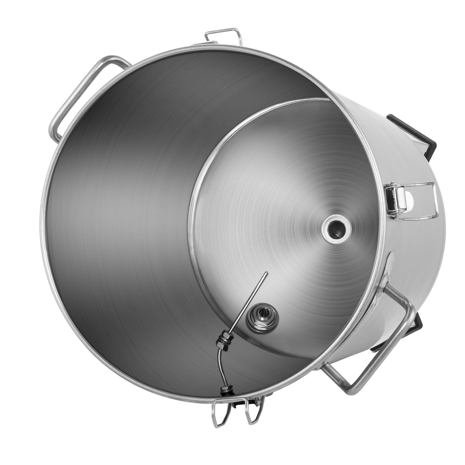 VEVOR 8 gallon beer brew kettle top view, stainless steel interior, with handles and fittings.