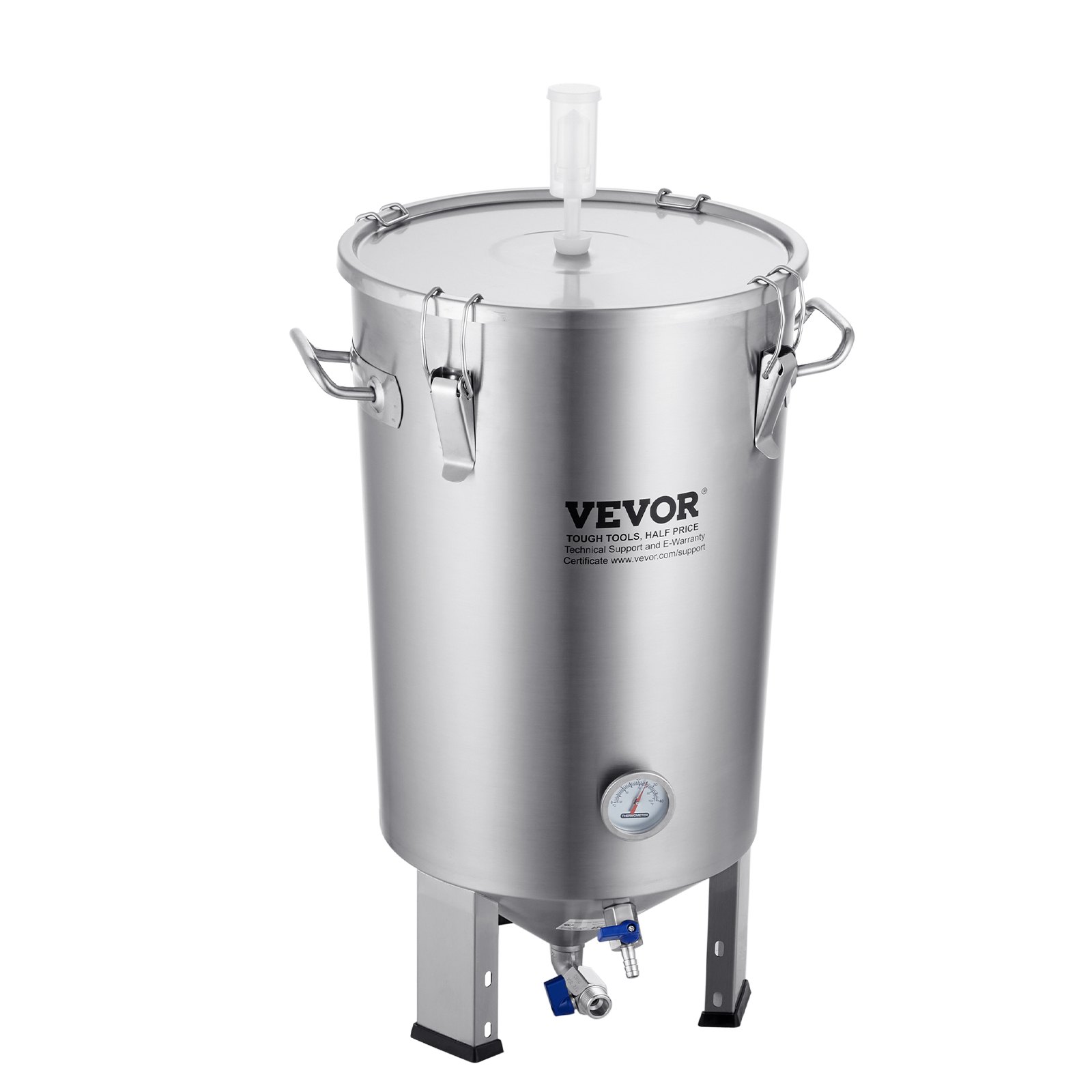 VEVOR 8 gallon beer brew kettle with thermometer and spout, stainless steel construction.