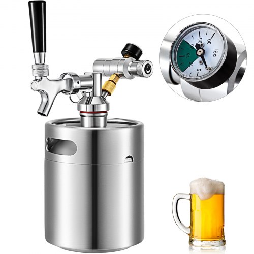VEVOR Beer Mini Keg 68 Oz, Mini Keg Growler w/Tap Faucet, Pressurized Growler 304 Stainless Steel, Pressurized Beer Growler with Co2 Pressure Regulator, Beer Dispenser Portable Carbonated Growler