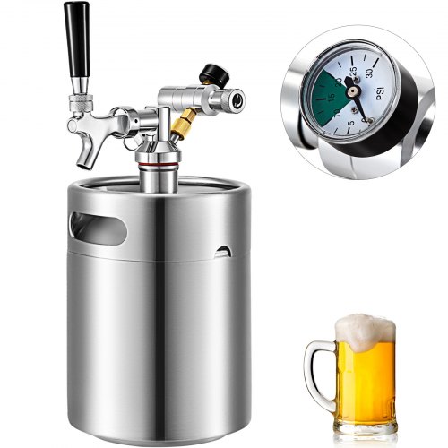 Vevor Beer Mini Keg, Mini Keg Growler, 5L Pressurized Growler w/ Faucet, 304 SUS