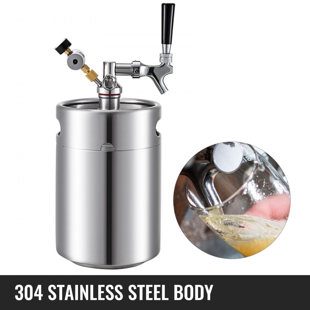 VEVOR Beer Mini Keg 169 Oz, Mini Keg Growler w/ Tap Faucet, Pressurized Growler 304 Stainless Steel Pressurized Beer Growler with Co2 Pressure Regulator, Beer Dispenser Portable Carbonated Growler