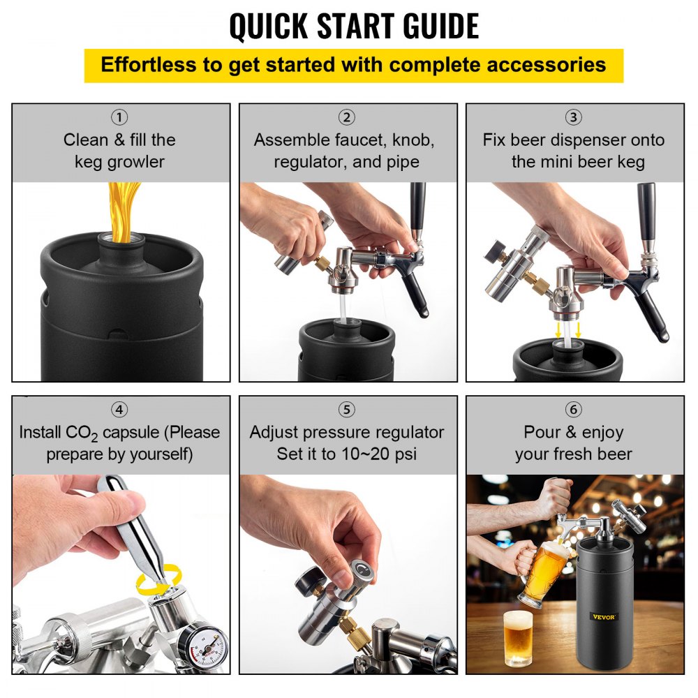 VEVOR Beer Growler Tap System, 135Oz Mini Keg, 4L Pressurized Beer Growler, 304 Stainless Steel Mini Keg Growler, Comes with Dual Pressure Display CO2 Regulator Faucet 20" Beer Hose Relief Ring, Black