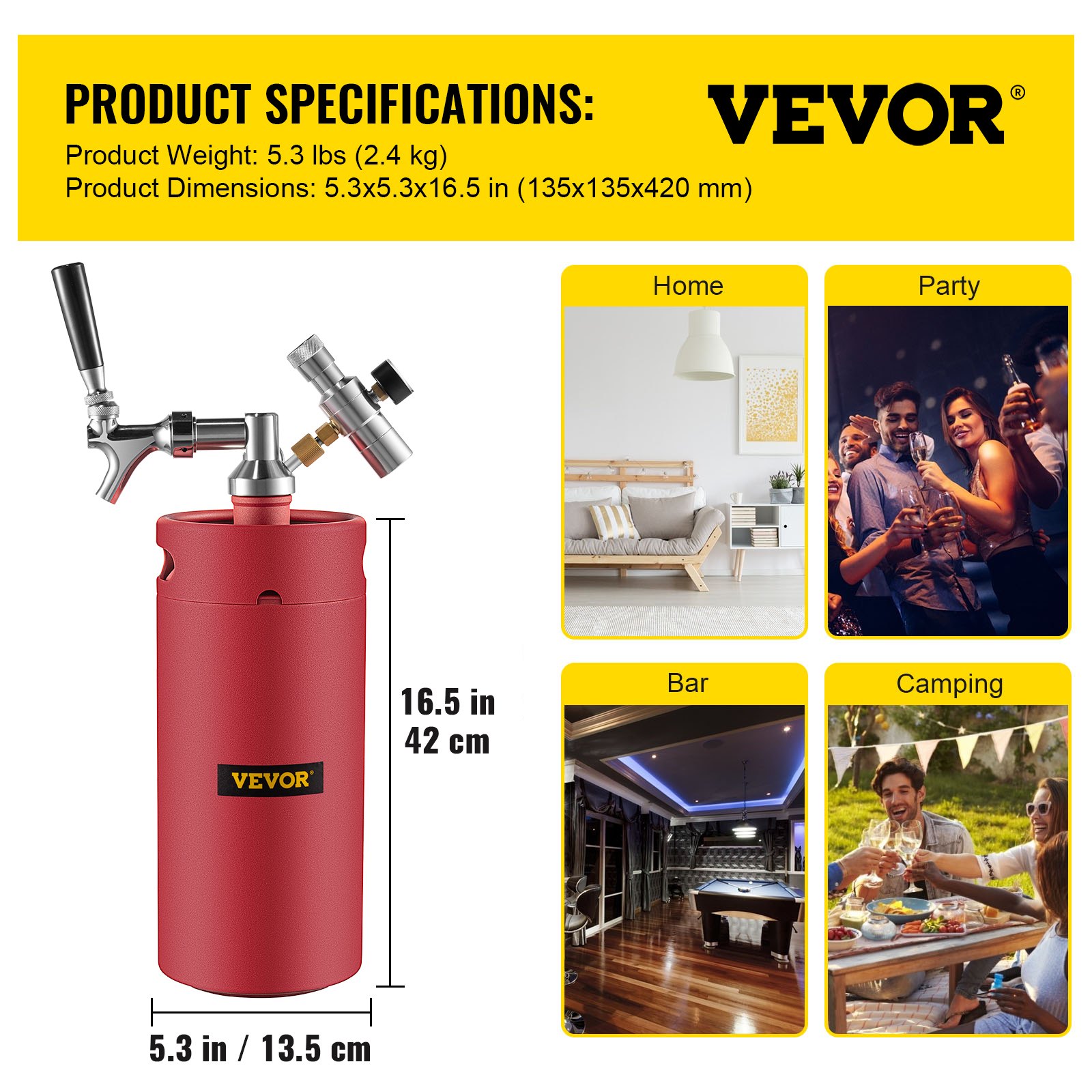 VEVOR Beer Growler Tap System, 135Oz Mini Keg, 4L Pressurized Beer Growler, 304 Stainless Steel Mini Keg Growler, Comes with Dual Pressure Display CO2 Regulator Faucet 20" Beer Hose Relief Ring, Red