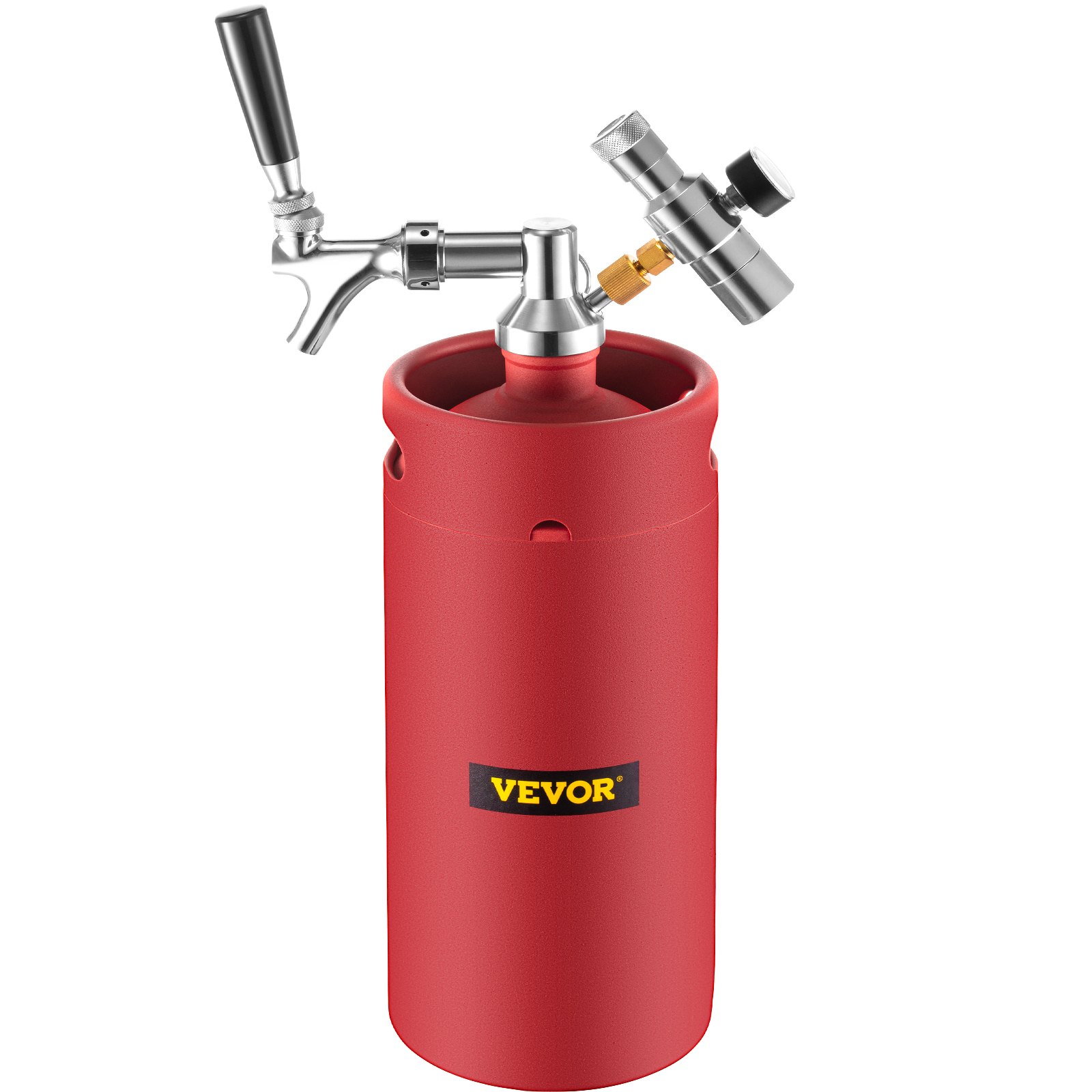 VEVOR Beer Growler Tap System, 135Oz Mini Keg, 4L Pressurized Beer Growler, 304 Stainless Steel Mini Keg Growler, Comes with Dual Pressure Display CO2 Regulator Faucet 20" Beer Hose Relief Ring, Red
