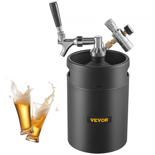 VEVOR Beer Growler Tap System, 170Oz Mini Keg, 5L Pressurized Beer Growler, 304 Stainless Steel Mini Keg Growler, Come with Dual Pressure Display CO2 Regulator Faucet 20\" Beer Hose Relief Ring, Black