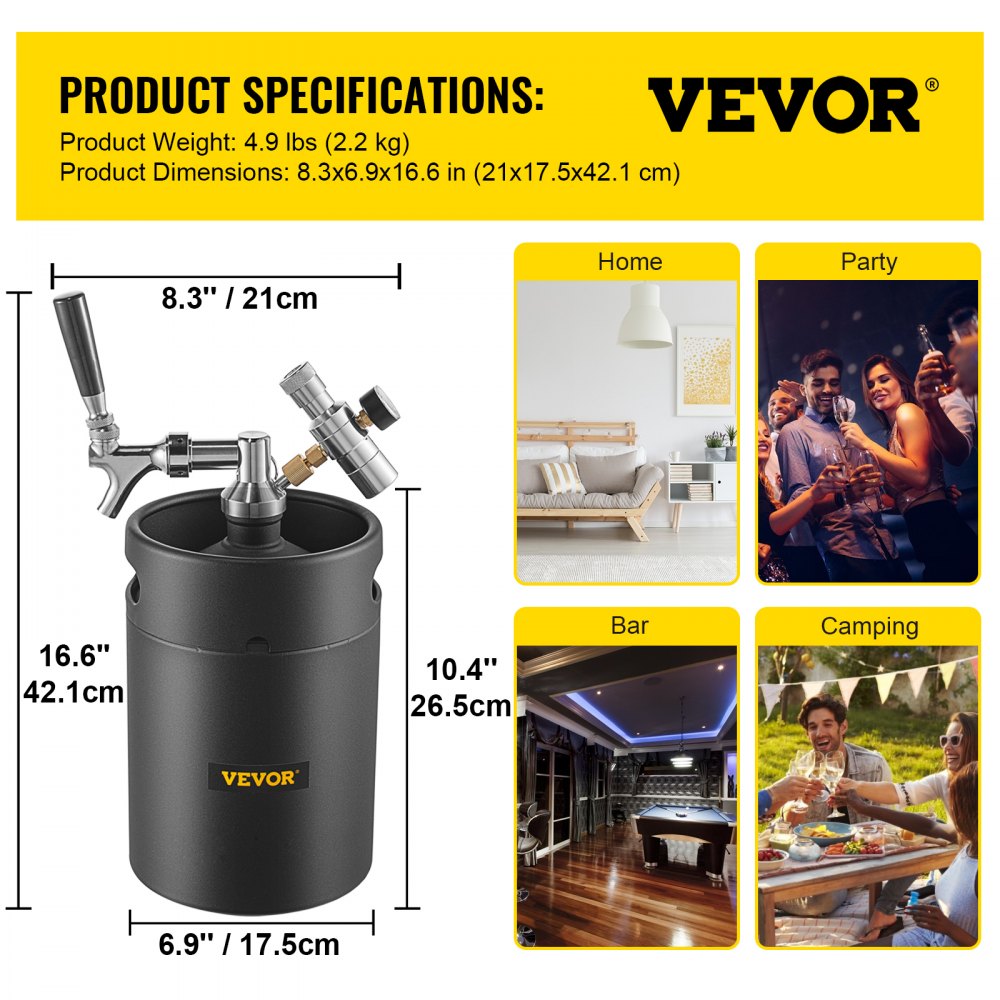 VEVOR Beer Growler Tap System, 170Oz Mini Keg, 5L Pressurized Beer Growler, 304 Stainless Steel Mini Keg Growler, Come with Dual Pressure Display CO2 Regulator Faucet 20\" Beer Hose Relief Ring, Black