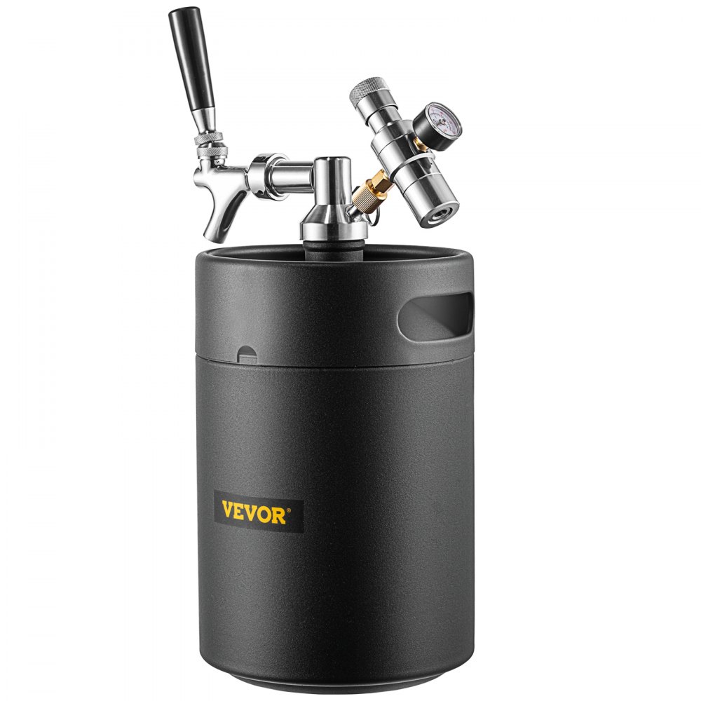 VEVOR Beer Growler Tap System, 170Oz Mini Keg, 5L Pressurized Beer Growler, 304 Stainless Steel Mini Keg Growler, Come with Dual Pressure Display CO2 Regulator Faucet 20\" Beer Hose Relief Ring, Black