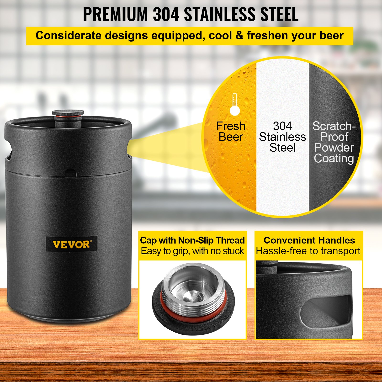 VEVOR Beer Growler Tap System, 170Oz Mini Keg, 5L Pressurized Beer Growler, 304 Stainless Steel Mini Keg Growler, Comes with Dual Pressure Display CO2 Regulator Faucet 20" Beer Hose Relief Ring, Black