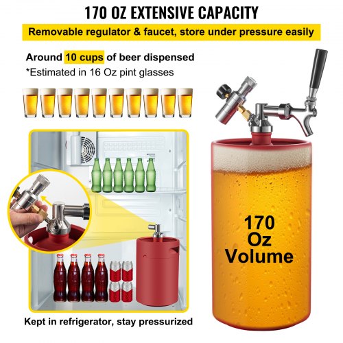 VEVOR Beer Growler Tap System, 170Oz Mini Keg, 5L Pressurized Beer Growler, 304 Stainless Steel Mini Keg Growler, Comes with Dual Pressure Display CO2 Regulator Faucet 20" Beer Hose Relief Ring, Red