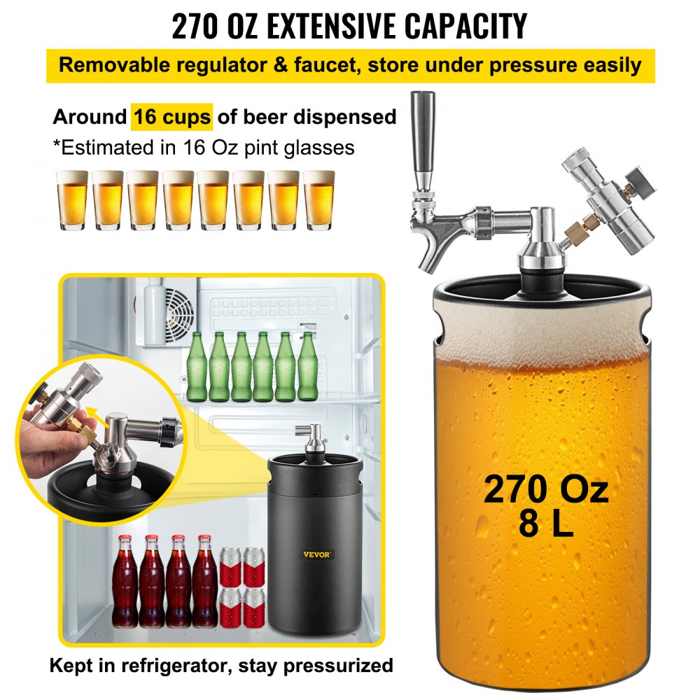 VEVOR Beer Growler Tap System, 270Oz Mini Keg, 8L Pressurized Beer Growler, 304 Stainless Steel Mini Keg Growler, Comes with Dual Pressure Display CO2 Regulator Faucet 20" Beer Hose Relief Ring, Black
