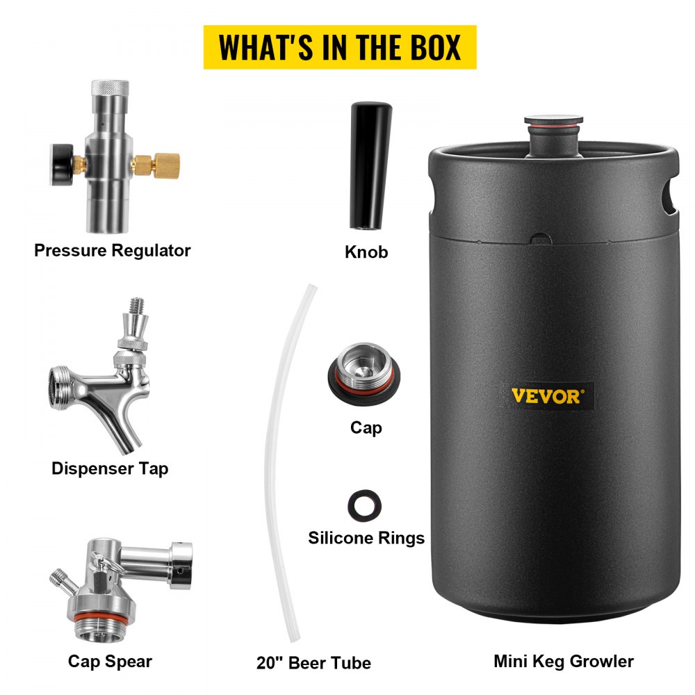 VEVOR Beer Growler Tap System, 270Oz Mini Keg, 8L Pressurized Beer Growler, 304 Stainless Steel Mini Keg Growler, Comes with Dual Pressure Display CO2 Regulator Faucet 20" Beer Hose Relief Ring, Black