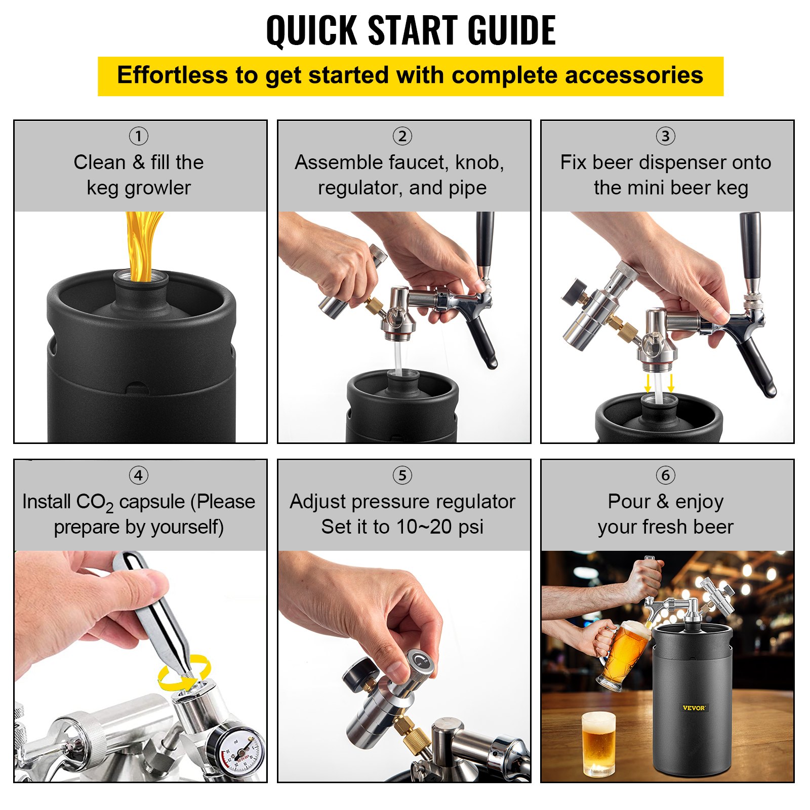 VEVOR Beer Growler Tap System, 270Oz Mini Keg, 8L Pressurized Beer Growler, 304 Stainless Steel Mini Keg Growler, Comes with Dual Pressure Display CO2 Regulator Faucet 20" Beer Hose Relief Ring, Black