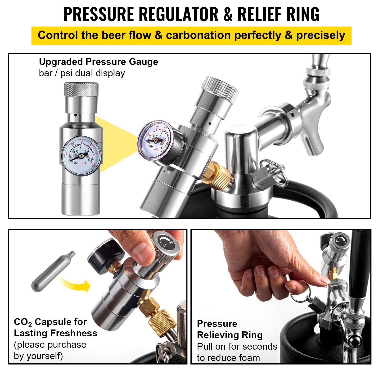 VEVOR Beer Growler Tap System, 270Oz Mini Keg, 8L Pressurized Beer Growler, 304 Stainless Steel Mini Keg Growler, Comes with Dual Pressure Display CO2 Regulator Faucet 20" Beer Hose Relief Ring, Black