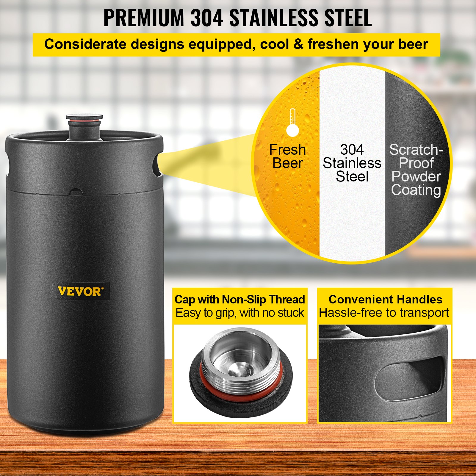 VEVOR Beer Growler Tap System, 270Oz Mini Keg, 8L Pressurized Beer Growler, 304 Stainless Steel Mini Keg Growler, Comes with Dual Pressure Display CO2 Regulator Faucet 20" Beer Hose Relief Ring, Black