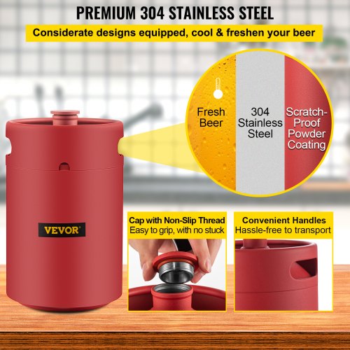 VEVOR Beer Growler Tap System, 270 Oz Mini Keg, 8L Pressurized Beer Growler, 304 Stainless Steel Mini Keg Growler, Comes with Dual Pressure Display CO2 Regulator Faucet 20" Beer Hose Relief Ring, Red