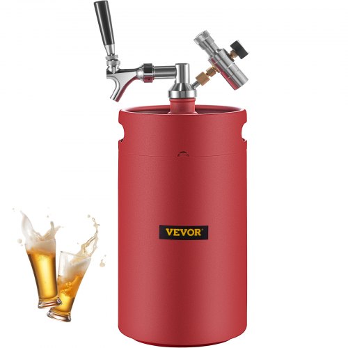 VEVOR Beer Growler Tap System, 270 Oz Mini Keg, 8L Pressurized Beer Growler, 304 Stainless Steel Mini Keg Growler, Comes with Dual Pressure Display CO2 Regulator Faucet 20" Beer Hose Relief Ring, Red
