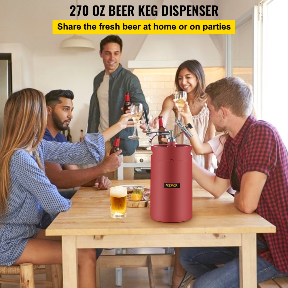 VEVOR Beer Growler Tap System, 270Oz Mini Keg, 8L Pressurized Beer Growler, 304 Stainless Steel Mini Keg Growler, Comes with Dual Pressure Display CO2 Regulator Faucet 20" Beer Hose Relief Ring, Red
